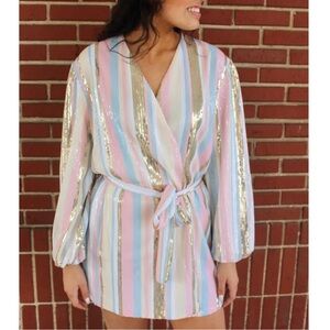 NYE Nylon Designs striped sequin wrap long balloon sleeve mini party dress
